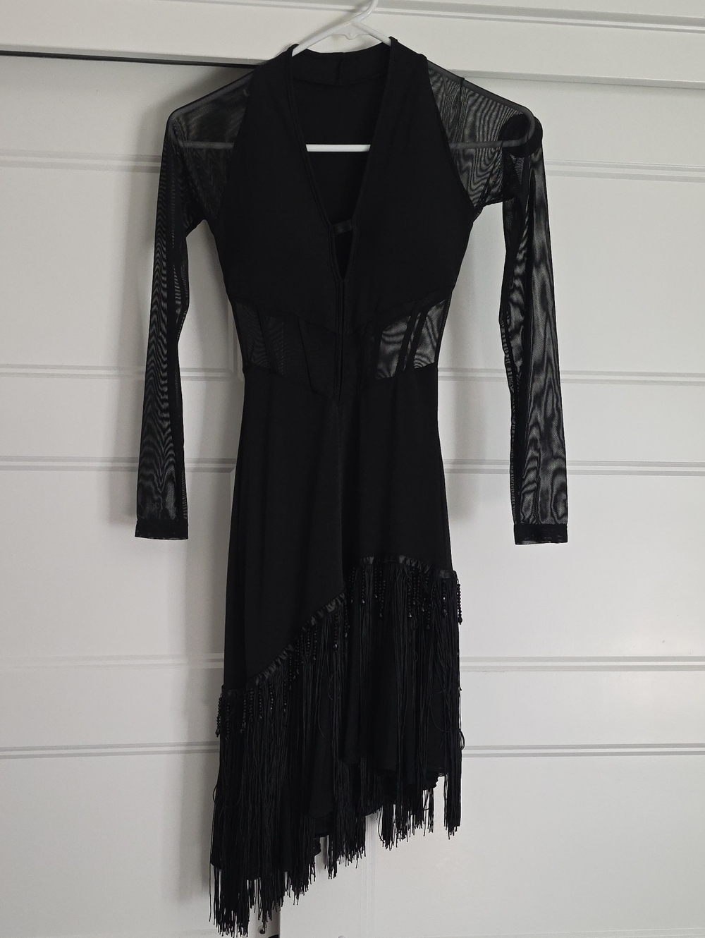 Women's Asymmetrical Black Fringe Mesh-Sleeve Dress